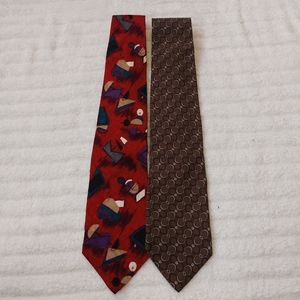 Vintage Viaggio Set Of 2 Silk Ties Men Necktie Geometric Brown Red Purple Blue